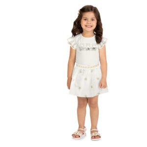 Conjunto Femenino Infantil con Short Pollera y osito  bordado y Flores 3D